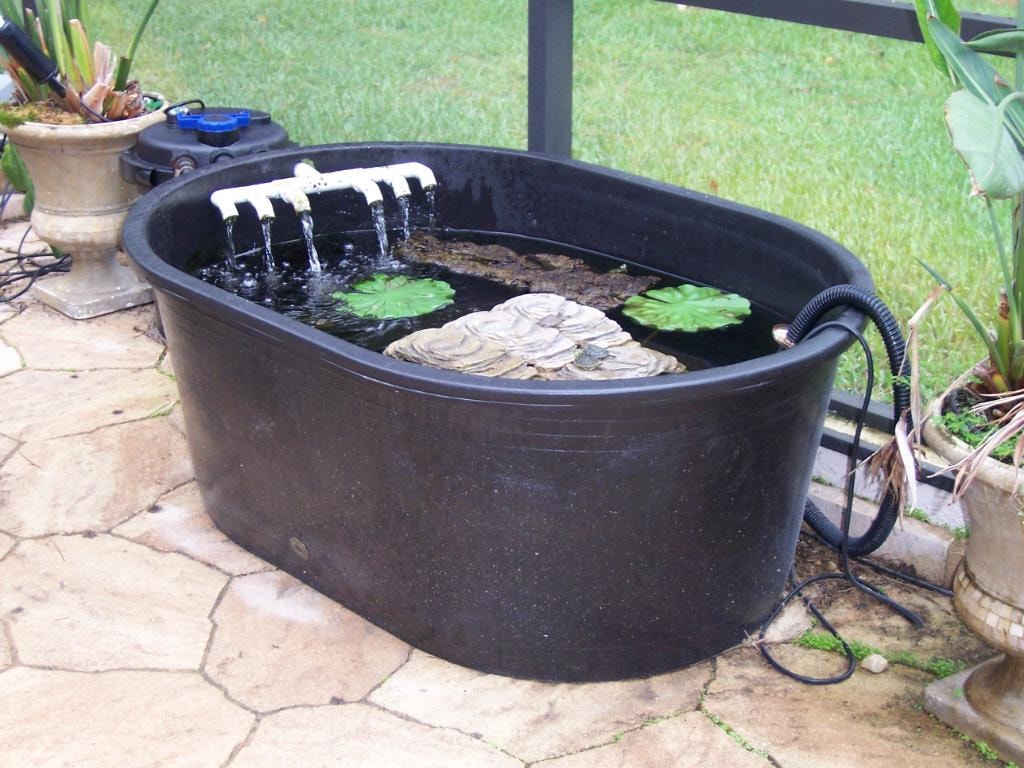 Livestock stock tank pond with filter and lily pads
